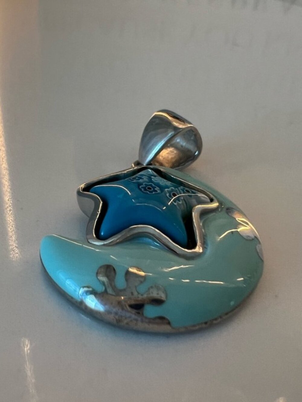 Sterling Silver 925 Blue Millefiori Star Moon Large Chunky Pendant